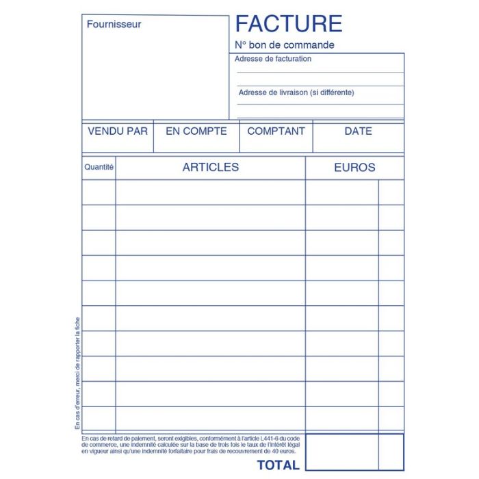Cahier Facturier Facture auto entrepreneur autocopiant 14,8 x 21 cm 50  feuilles