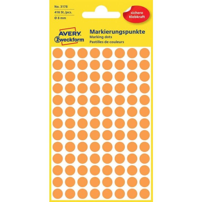 Pastilles adhésives 8 mm - Orange fluo AVERY Lot de 416 Étiquettes rondes