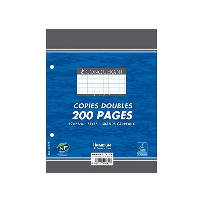 Copies doubles perforées Grands carreaux - 170 x 220 mm CONQUERANT SEPT Lot  de 200 pages