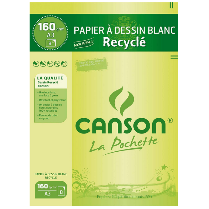 CANSON Lot de 8 Feuilles à dessin Papier recyclé Blanc 160 g - A3