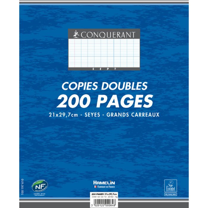 Copies doubles non-perforées Grands carreaux - 210 x 297 mm CONQUERANT SEPT  Lot de 200 pages