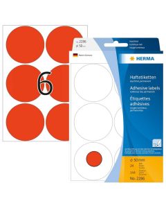 HERMA : Lot de 144 étiquettes adhésives rondes 2286 - 50,0  mm - Rouge fluo