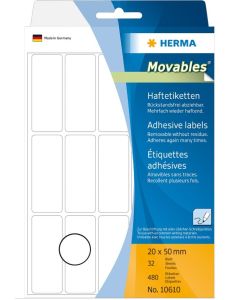 HERMA : Lot de 480 étiquettes adhésives amovibles  - 50,0 x 20,0 mm - Blanc