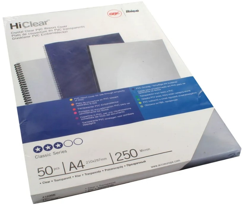 Plat de Couverture pour Reliure A4 - PVC 0,25 mm - Transparent GBC Lot de 50