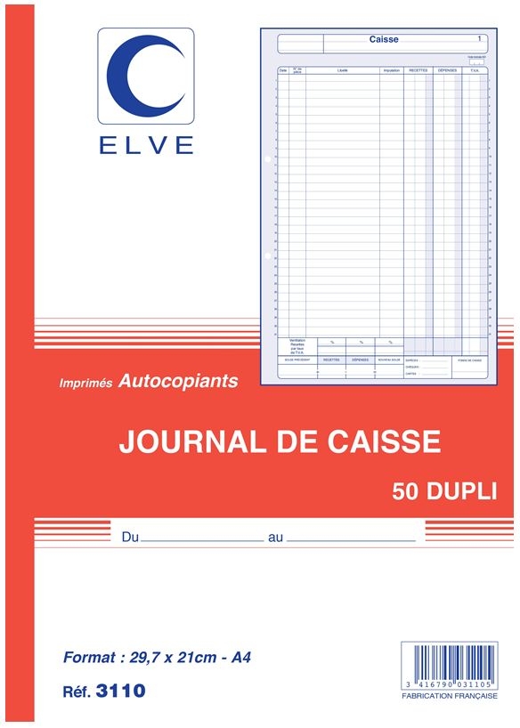 JOURNAL DE CAISSE Carnet autocopiant Dupli - 297 x 210 mm (ELVE 3110)