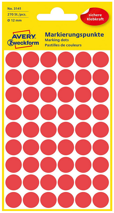 Pastilles adhésives - 12 mm - Rouge AVERY Lot de 270 Étiquettes rondes